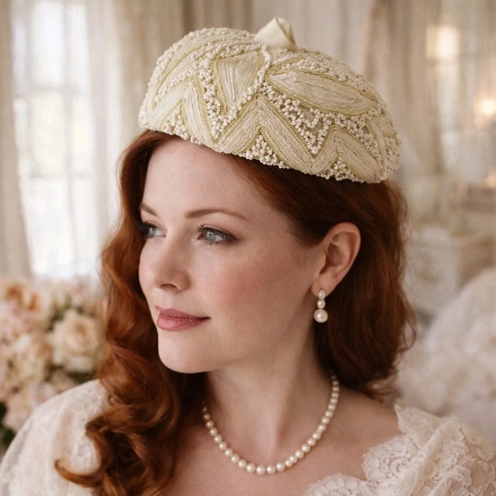Gladys & Belle Ivory Beaded Soutache Halo Beret Cocktail Hat Bridal OS